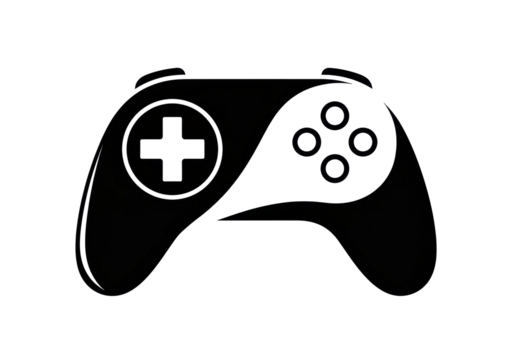 Modern gamepad controller isolated PNG, black and white gaming console device for video games and entertainment on transparent background