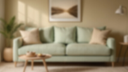 Fototapeta premium blurry image of living room interior with sofa in bright colors and bright light during the day, calm and peaceful atmosphere.