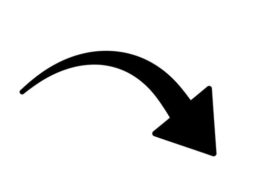 Curved black arrow pointing down PNG isolated on transparent background, direction indicator for graphic design and web use