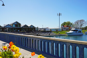 A view from the Kaiapoi River Bridge towards the Wharf on a clear blue spring day with flowers in...