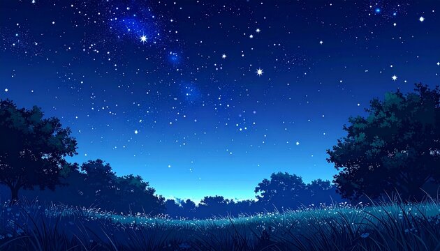 A simple, dark blue night sky, scattered with delicate white stars, with groves of trees and grasses. A calm and elegant design, smooth color gradients. - Powered by Adobe