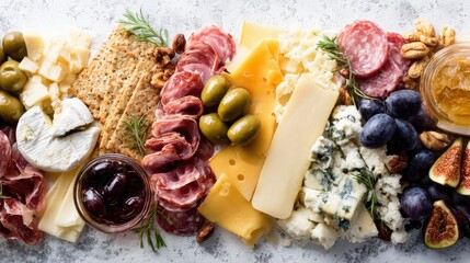 Flat lay cheese and charcuterie platter with copy space on white marble background