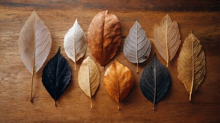 Flat lay collection of dried autumn leaves on a warm wooden background