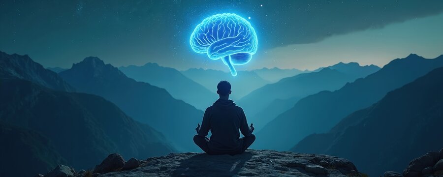 Man meditates atop mountain, glowing brain above. Night sky with stars, serene mountain landscape. Spiritual awakening, inner peace, and mental clarity concept.