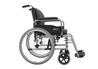 Silver and black wheelchair PNG isolated on transparent background, mobility aid for disabled people and medical equipment