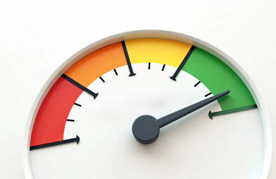 3D render shows colorful gauge indicator. Needle points to green zone, showing high performance, great success. Visual represents achievement, progress, exceeding expectations goals for business