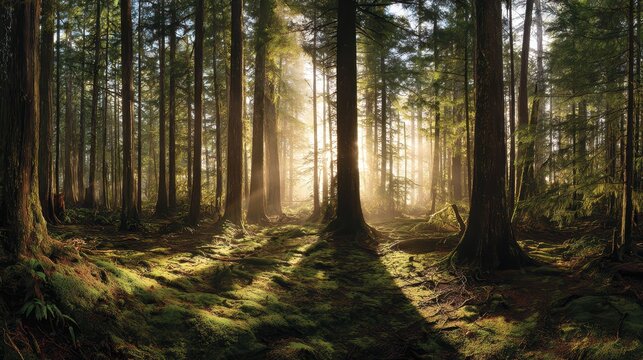 Forest panorama at dawn with sunbeams filtering through tall trees