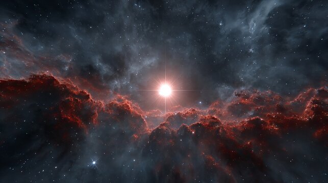 Red cosmic nebula with bright central star glowing in dark outer space with swirling gas clouds astronomy background for science and galaxy themed design - Powered by Adobe