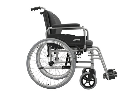 Silver and black wheelchair PNG isolated on transparent background, mobility aid for disabled people and medical equipment
