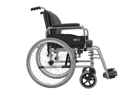 Silver and black wheelchair PNG isolated on transparent background, mobility aid for disabled people and medical equipment