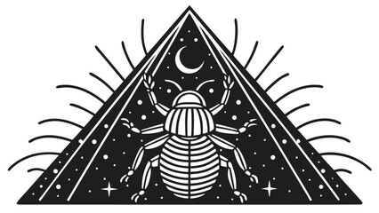 Mystical scarab beetle within a celestial triangle with crescent moon and stars