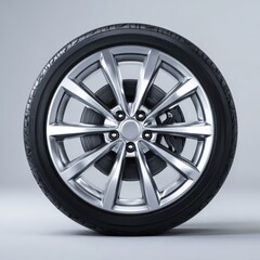 Obraz premium Front view of a modern alloy wheel with polished silver rim and tire