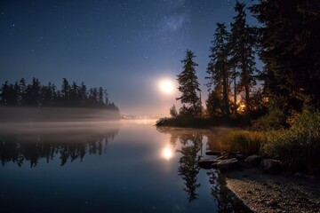 Full moon night over a tranquil lake with forest silhouettes under a starry sky