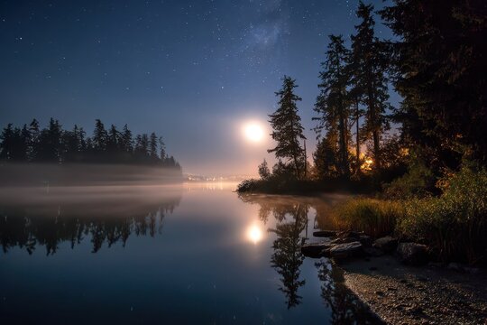 Full moon night over a tranquil lake with forest silhouettes under a starry sky - Powered by Adobe