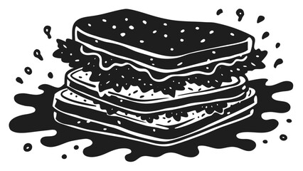 Hand drawn illustration of a tall stacked sandwich with dripping sauce and splashes