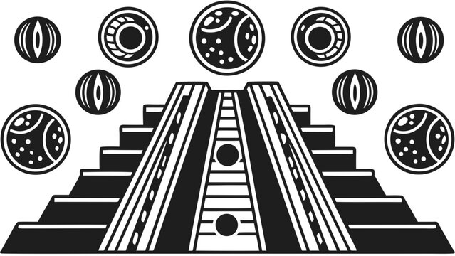 Stylized mesoamerican pyramid with celestial orbs and geometric patterns