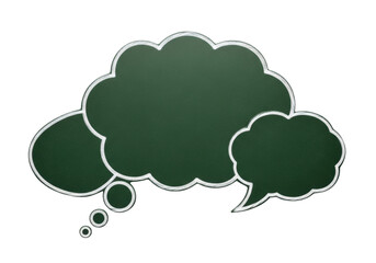 Green chalkboard speech bubble PNG isolated on transparent background, thought cloud for education and communication use