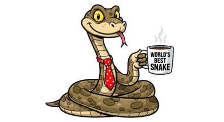 Cartoon snake wearing a tie and holding a "World's Best Snake" coffee mug isolated PNG with Transparent Background