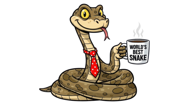 Cartoon snake with tie holding coffee mug that says World's Best Snake isolated PNG with Transparent Background