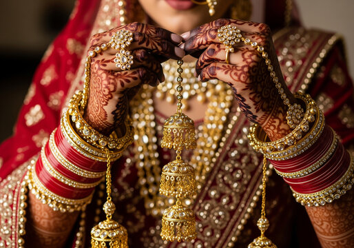Indian bride hands holding traditional gold jhumka jewelry wearing red chooda