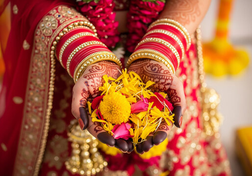 Indian wedding: Indian bride hands with mehndi and red bangles holding flower petals during wedding ritual