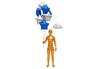 Golden mannequin holding star balloons isolated PNG, festive celebration concept for party decorations and special events on transparent background