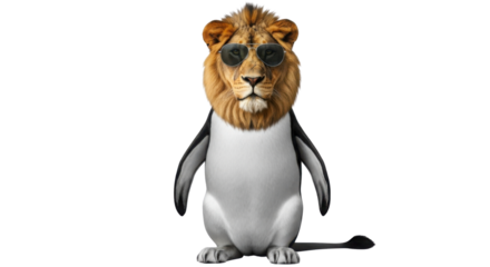 Penguin dressed with a lion head wearing sunglasses isolated PNG with Transparent Background