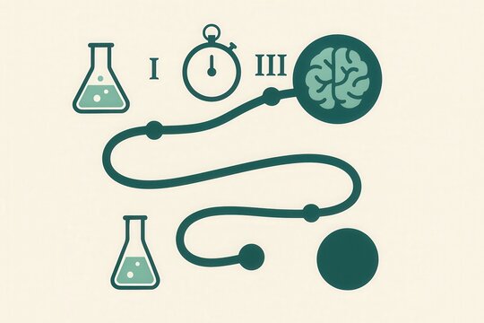 Intricate representation of experimental science illustrating brain connections, time management, and chemical processes highlighting cognitive development and analytical reasoning