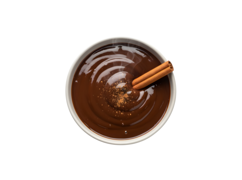 A cup of rich, drinkable hot chocolate with a cinnamon stick. Bowl set against a white background with space for text.

