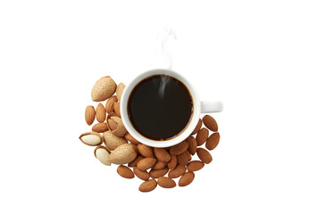 Obraz premium Top view of a cup of coffee alongside almond nuts, set against a white background