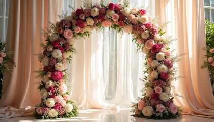Elegant floral arch with pink and white roses provides lush botanical backdrop for wedding ceremony or event. Soft peach drapes create romantic ambience for nuptials or special occasion.