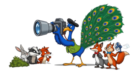 Cartoon illustration of a peacock photographing a group of animals isolated PNG with Transparent Background