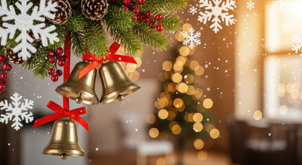 Golden Christmas Bells Hanging from Pine Branch with Red Bows.