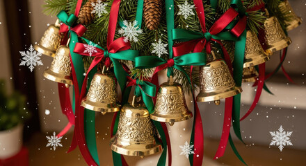 Golden Bells with Snowflakes for Christmas Greeting Card.