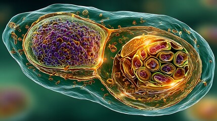 Close-up View of Colorful Cells with Intricate Structures and Processes Under a Microscope in Scientific Context