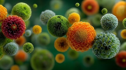 Vibrant Colorful Microorganisms Floating in Abstract Space of Green Background