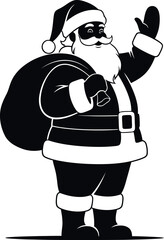 Waving santa claus, carrying gift sack, traditional holiday image.