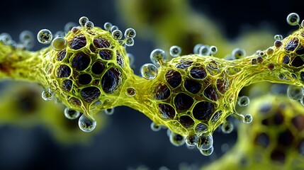 Close-up View of Microbial Cells with Bubbles on a Vivid Green Background in a Scientific Environment