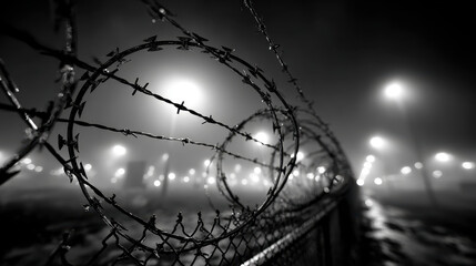 Naklejka premium Black and white photo of coiled barbed wire fence in foggy night with bright streetlights glowing through mist along empty road or pathway outside