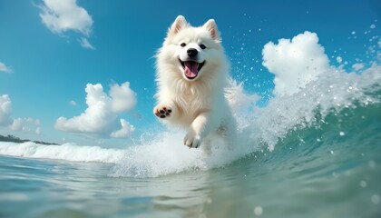 White Samoyed dog leaps joyfully over ocean waves under bright blue sky. Energetic canine enjoys thrilling moment of freedom and playfulness at beach. This image conveys happiness and vitality.