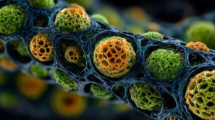 Intricate Close-Up of Colorful Cells in a Network Structure Showcasing Natural Organic Patterns