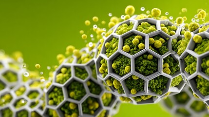 Abstract Representation of Bacterial Cells in a Honeycomb Structure with Green Background and Bubbles