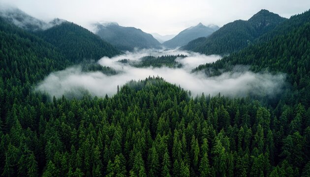 An aerial view of a dense evergreen forest with fog rolling through a valley between mountains.