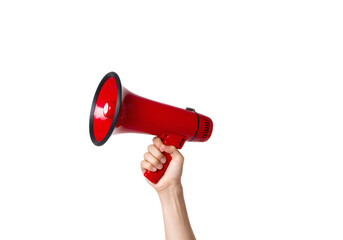People hand holding a red megaphone for a loud business announcement and communication