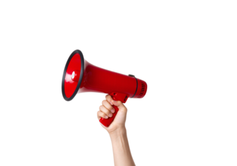 People hand holding a red megaphone for a loud business announcement and communication