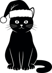 Black cat wearing santa hat, sitting, festive holiday season