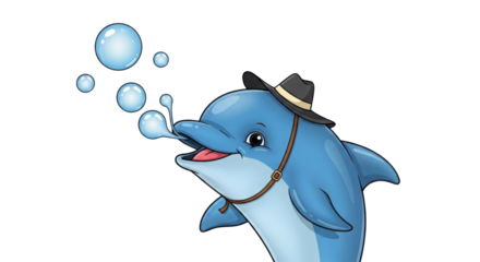 Cartoon dolphin wearing hat blowing bubbles isolated PNG with Transparent Background