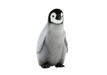 Fluffy emperor penguin chick isolated on transparent background PNG, cute baby bird with black and white plumage for design projects