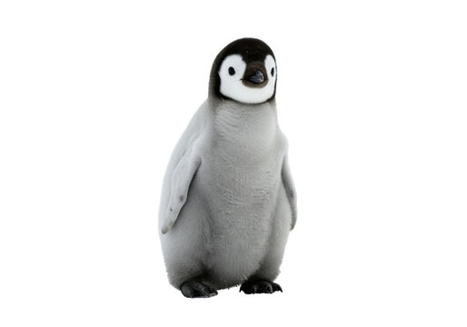 Fluffy emperor penguin chick isolated on transparent background PNG, cute baby bird with black and white plumage for design projects