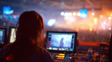Woman working at control panel with multiple screens in dimly lit room with colorful blurred lights and bokeh effect in background during nighttime event